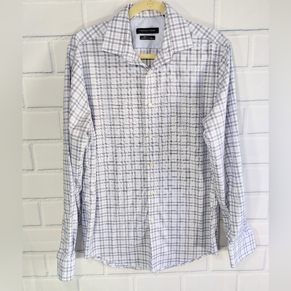 Tommy Hilfiger Blue/White Plaid Stretch Athletic Fit Non-Iton Button Down Shirt - Picture 1 of 4